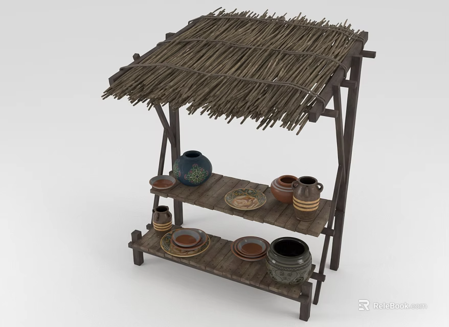 Traditional Village Shelf With Thatched Roof Displaying Clay Pots And Plates 3d model 