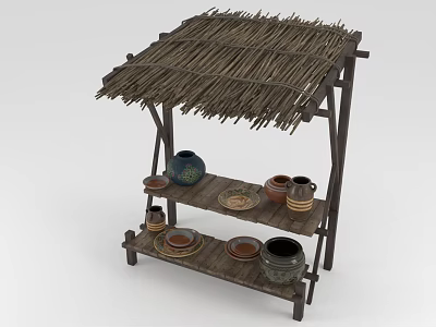 Traditional Village Shelf With Thatched Roof Displaying Clay Pots And Plates 3d model