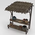 Traditional Village Shelf With Thatched Roof Displaying Clay Pots And Plates