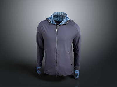 Gray Hooded Jacket With Blue Patterned Lining And Zipper For Casual Daily Wear 3d model
