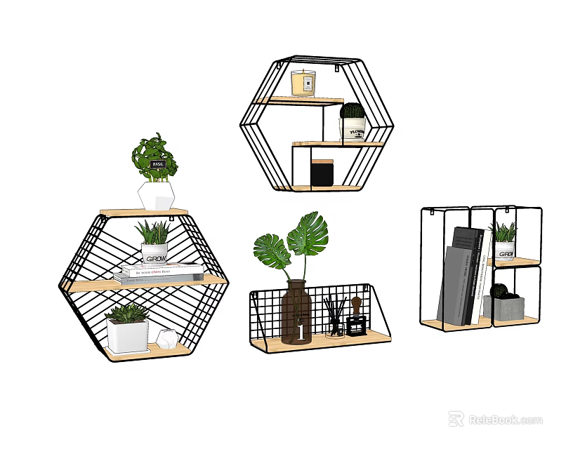Geometric Wall Cabinets with Metal Frames Wooden Shelves and Decorative Plants Books Ornaments 3d model 