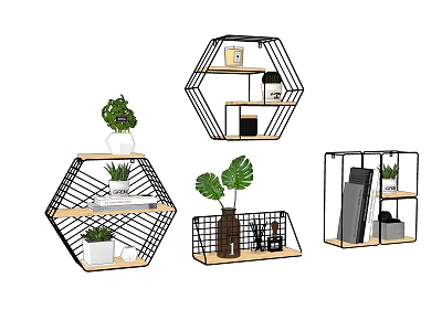 Geometric Wall Cabinets with Metal Frames Wooden Shelves and Decorative Plants Books Ornaments 3d model
