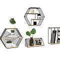 Geometric Wall Cabinets with Metal Frames Wooden Shelves and Decorative Plants Books Ornaments