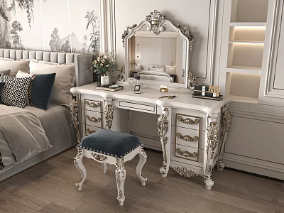 Elegant White Gold Dressing Table with Ornate Mirror and Blue Velvet Stool in Classic Bedroom 3d model