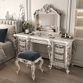 Elegant White Gold Dressing Table with Ornate Mirror and Blue Velvet Stool in Classic Bedroom