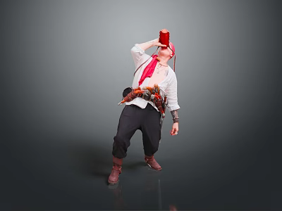 Red Headed Adventurer Drinking From Red Cup With Waist Tools In Gray Background 3d model