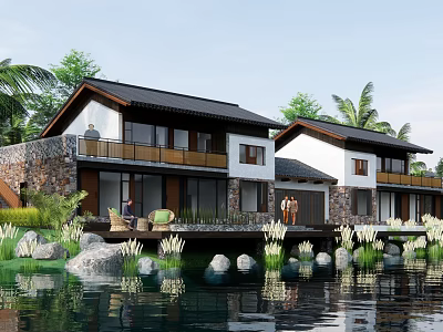 Waterfront Homestay Building With Stone Walls Black Roof White Walls And Palm Trees 3d model