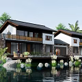 Waterfront Homestay Building With Stone Walls Black Roof White Walls And Palm Trees