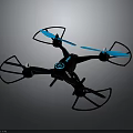 Black Drone With Four Blue Propellers And Circular Logo On Gray Background 3d model