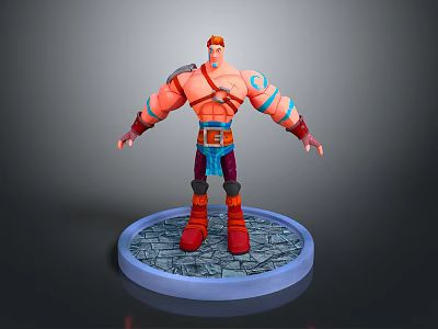 3D Muscular Character Red Hair Shoulder Armor Blue Tattoos Blue Pants Red Boots Stone Base 3d model