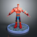 3D Muscular Character Red Hair Shoulder Armor Blue Tattoos Blue Pants Red Boots Stone Base