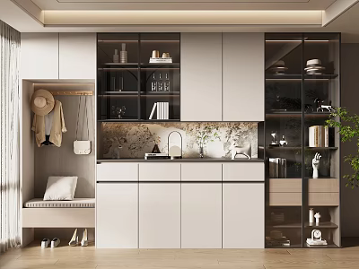 Modern Entryway Hallway Design With White Cabinets Storage Hooks Decor Shelves Green Plant And Bench 3d model