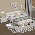 Cozy White Children's Bed With Padded Headboard Rainbow Wall Art Plush Toys And Striped Blanket On Rug