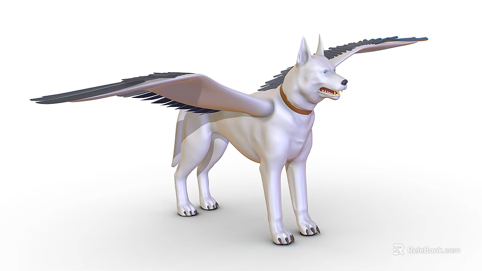 White Mythical Dog With Feathered Wings Pointed Ears And Collar In Standing Pose 3d model 