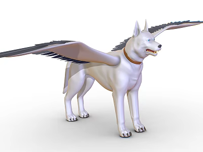 White Mythical Dog With Feathered Wings Pointed Ears And Collar In Standing Pose 3d model