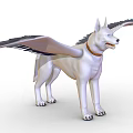 White Mythical Dog With Feathered Wings Pointed Ears And Collar In Standing Pose