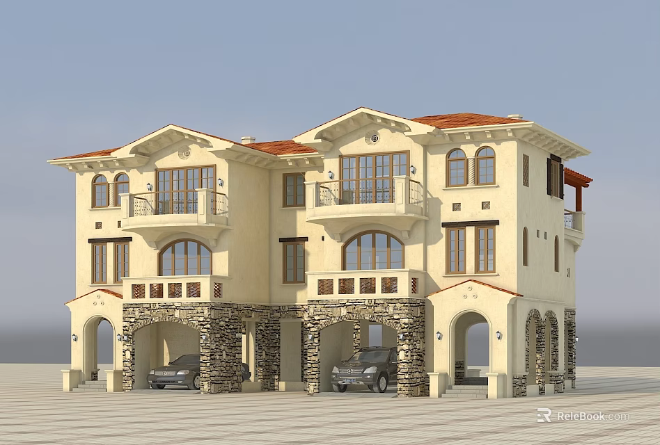 Semi Detached Villa Two Story Red Roof Beige Exterior Stone Columns Arched Porches And Garages 3d model 