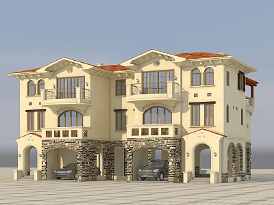 Semi Detached Villa Two Story Red Roof Beige Exterior Stone Columns Arched Porches And Garages 3d model