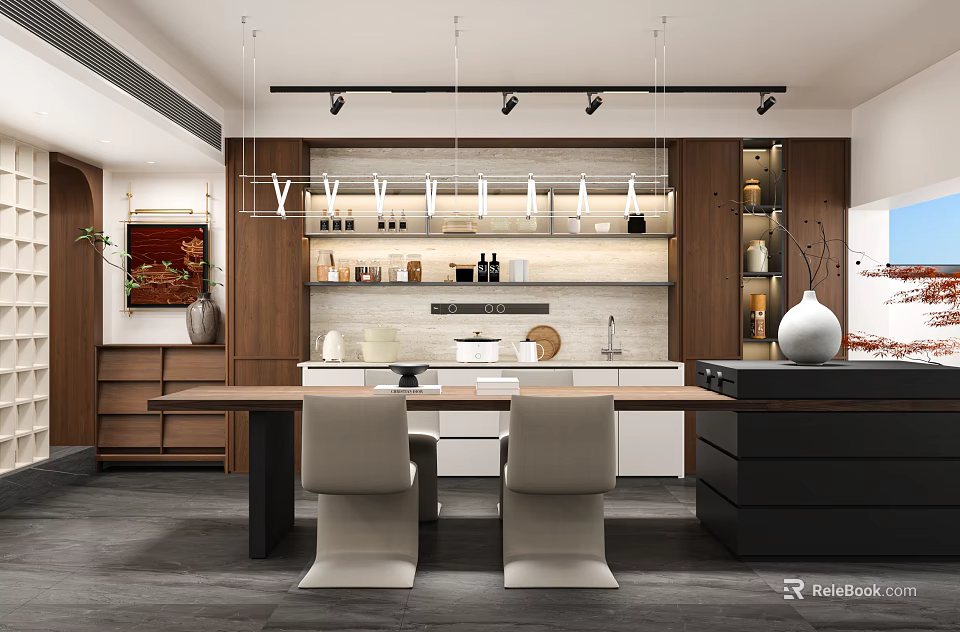 Modern Restaurant Interior With Dining Table Chairs Pendant Lights Wooden Cabinets And Decorative Vase 3d model 