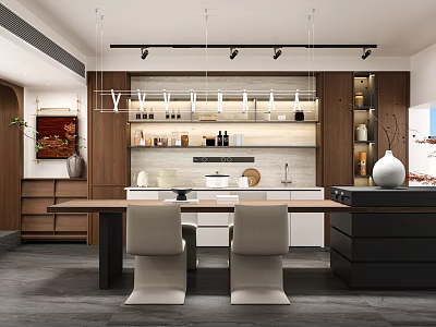Modern Restaurant Interior With Dining Table Chairs Pendant Lights Wooden Cabinets And Decorative Vase 3d model