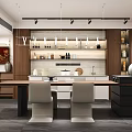 Modern Restaurant Interior With Dining Table Chairs Pendant Lights Wooden Cabinets And Decorative Vase