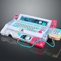 Retro Futuristic Computer Console With Integrated Keyboard Digital Display Screen And Colorful Buttons