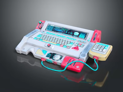 Retro Futuristic Computer Console With Integrated Keyboard Digital Display Screen And Colorful Buttons 3d model