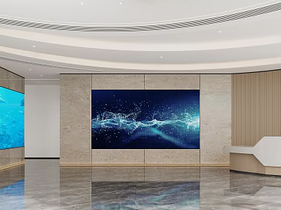 Modern Reception Desk Space With Digital Wall Art And Wooden Panel Decor 3d model