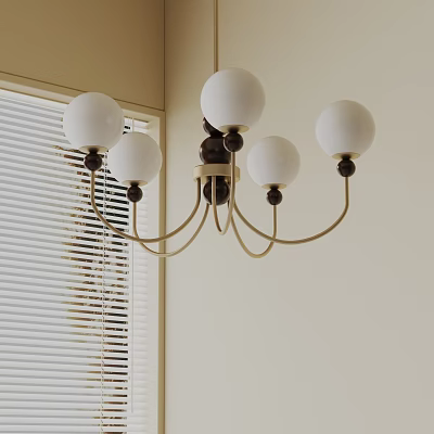 Modern Chandelier with White Spherical Shades Dark Decorative Balls and Window Blinds in Indoor Decor 3d model
