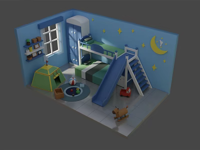Cartoon Kids Room Scene with Bunk Bed Slide Play Tent and Star Moon Wall Decor 3d model
