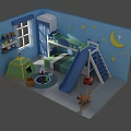 Cartoon Kids Room Scene with Bunk Bed Slide Play Tent and Star Moon Wall Decor