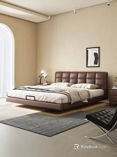 Modern Double Bed With Leather Headboard Nightstand Table Lamp Decorative Painting In Bright Bedroom 3d model 