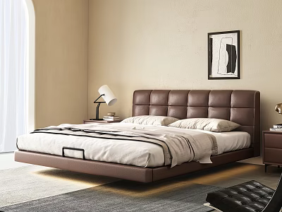Modern Double Bed With Leather Headboard Nightstand Table Lamp Decorative Painting In Bright Bedroom 3d model