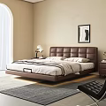 Modern Double Bed With Leather Headboard Nightstand Table Lamp Decorative Painting In Bright Bedroom