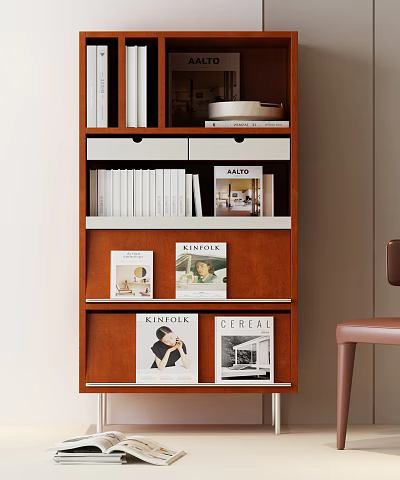 Stylish Modern Wooden Bookcase With Shelves Holding Books Magazines And Decorative Items 3d model