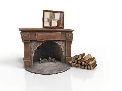 Classic Wooden Fireplace Interior With Decorative Painting And Firewood Stack 3d model