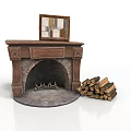 Classic Wooden Fireplace Interior With Decorative Painting And Firewood Stack