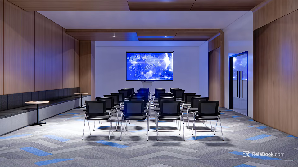Modern Meeting Room Interior With Large Screen Earth Display Black Chairs And Wooden Walls 3d model 