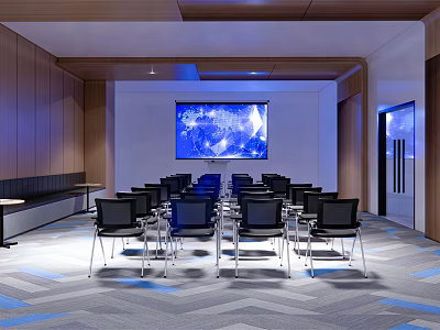 Modern Meeting Room Interior With Large Screen Earth Display Black Chairs And Wooden Walls 3d model
