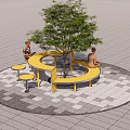 Yellow Round Outdoor Table Chair Set With Central Tree And Patterned Tile 3d model