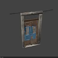 Old Weathered Wooden Door With Blue Brown Panels Metal Grille Signs Steps And Plants