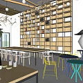 Open Layout Public Office Space With Wooden Bookshelves Modern Chandeliers And Colorful Furniture
