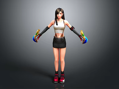 Woman with white crop top black skirt black gloves holding colorful weapons and red sneakers 3d model