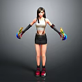 Woman with white crop top black skirt black gloves holding colorful weapons and red sneakers