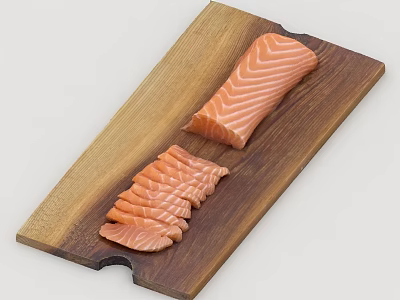 Fresh Raw Salmon Whole Fillet And Sliced Pieces On Wooden Board 3d model