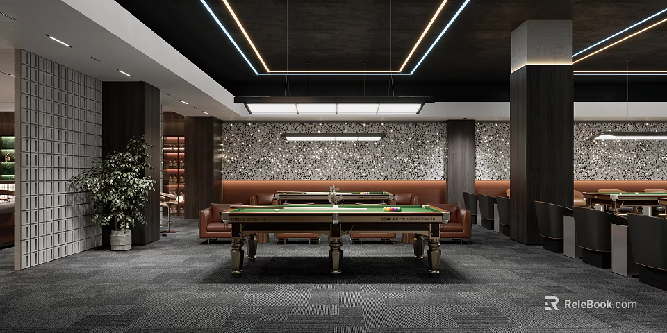 Modern Billiard Room Interior With Pool Table And Leather Sofa 3d model 