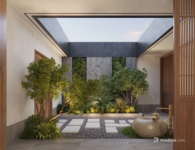 Traditional Courtyard Garden With Stone Paving Green Plants Trees And Glass Skylight 3d model 