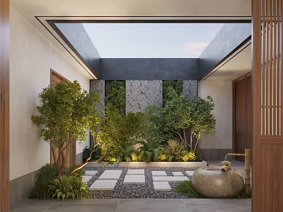 Traditional Courtyard Garden With Stone Paving Green Plants Trees And Glass Skylight 3d model