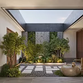 Traditional Courtyard Garden With Stone Paving Green Plants Trees And Glass Skylight