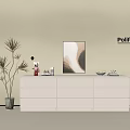 Modern White Entryway Console Cabinet With Decorative Items Plant And Wall Art